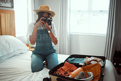 Buy stock photo Woman, photographer or camera picture of suitcase for summer holiday, vacation break or content marketing for creator blog. Travel influencer, digital photography or luggage objects in hotel bedroom