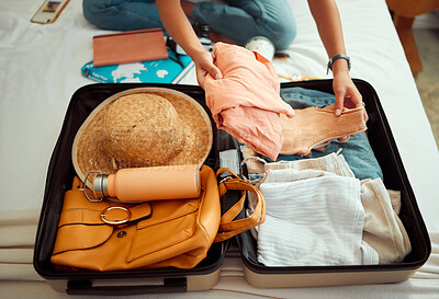 Buy stock photo Hands, woman and suitcase on a bed for travel, adventure and summer vacation, packing and clothing. Hand, girl and luggage in a bedroom for travelling, abroad and break, relax and getaway preparation
