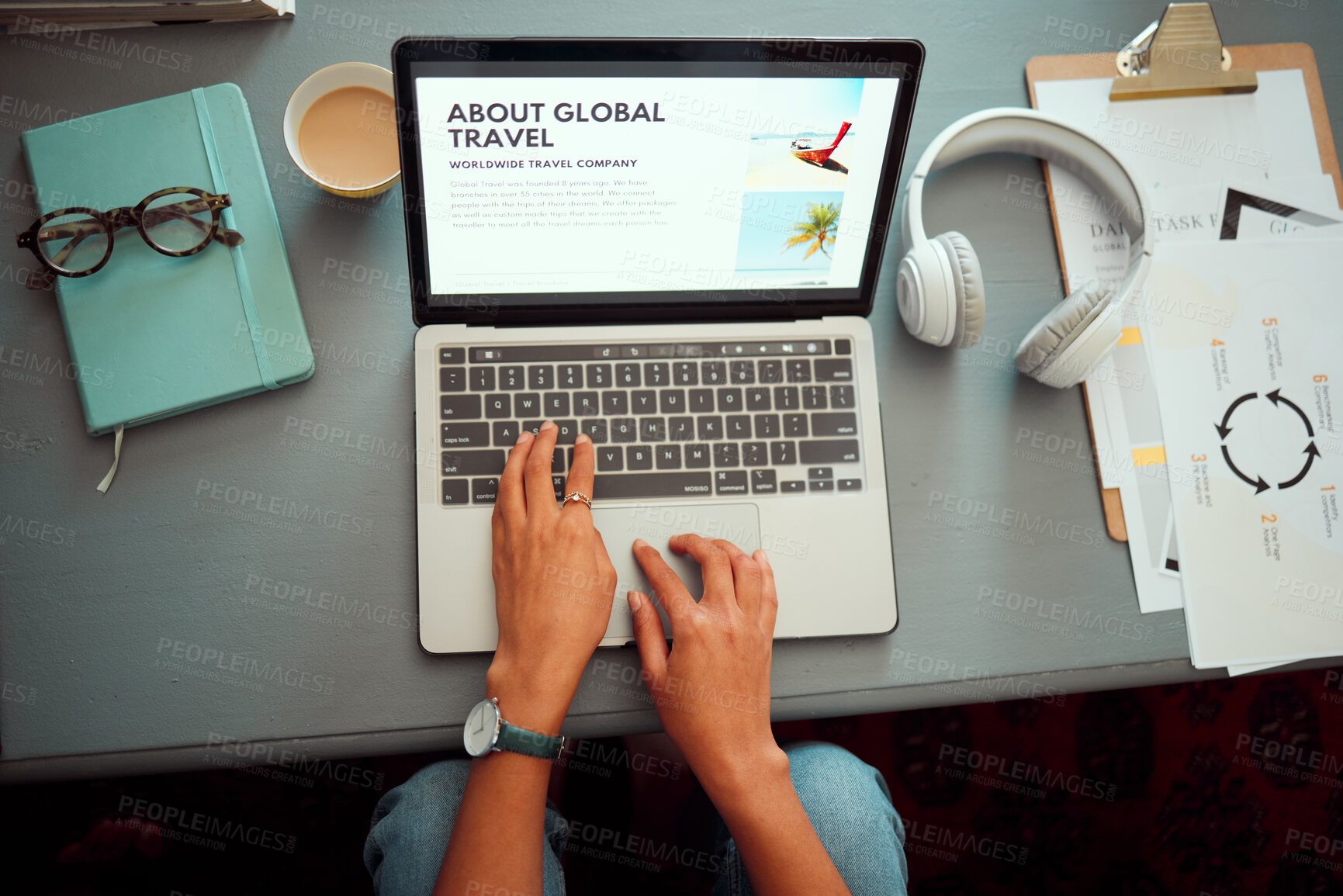 Buy stock photo Travel blog, blogger hands and laptop, website and social network with writer and inspiration for global adventure content. Technology, email and wifi with writing motivation and online top view.