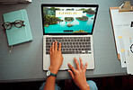 Laptop, hands and travel planning of woman online with international holiday trip screen top view. Vacation, adventure and journey organisation of girl busy with internet research on digital device.