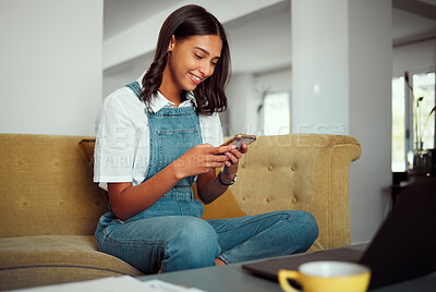 Buy stock photo Woman, phone and social media mobile reading of a person relax on a home living room sofa. Internet, web and social network texting of a young female on a house couch scroll through communication app