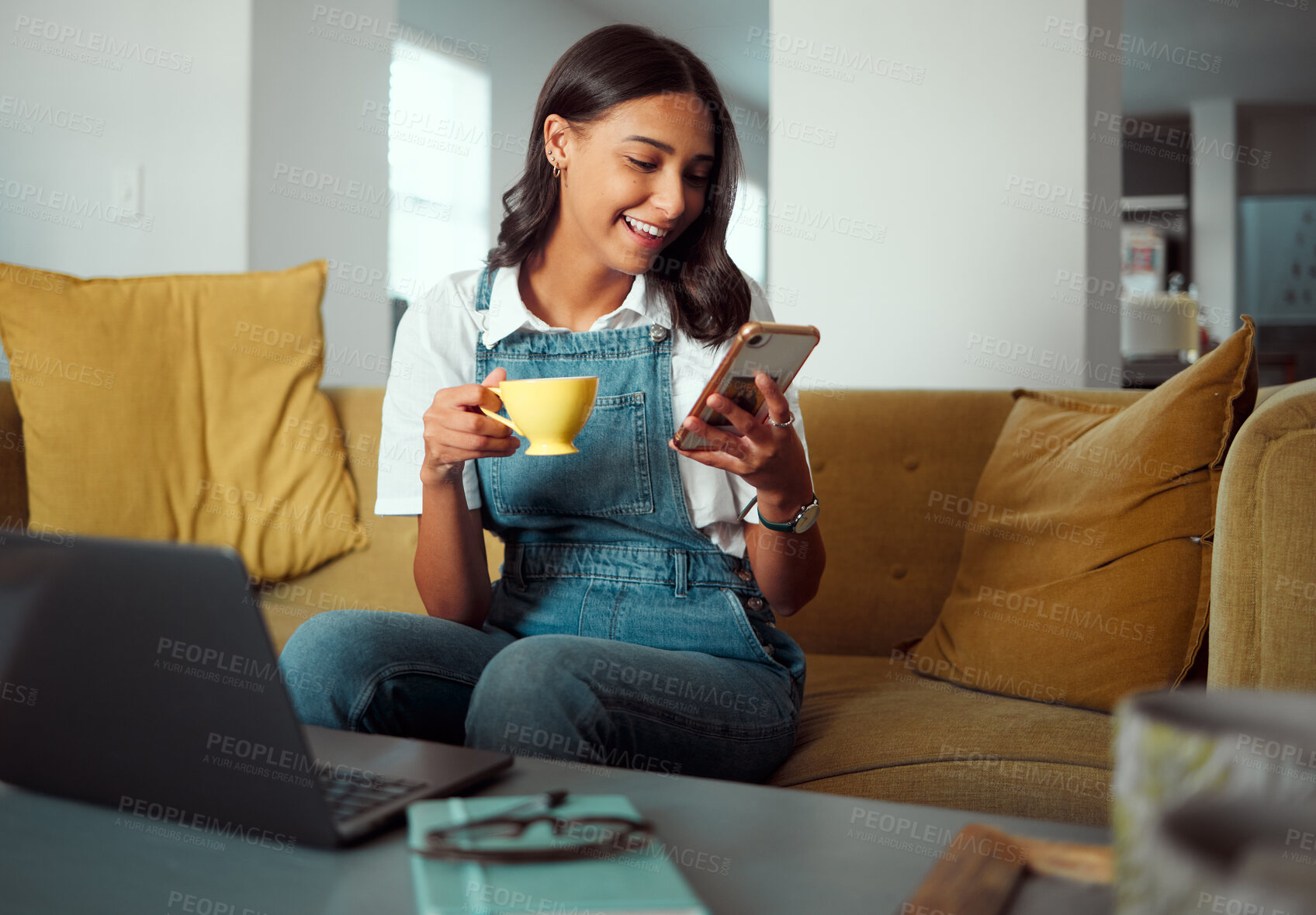 Buy stock photo Relax, coffee or tea girl with phone for social media, ecommerce or news with wifi in home. Internet, communication and gen z student on sofa with smartphone app, smile and drink for leisure.