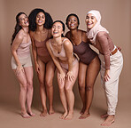 Diversity, women and beauty in studio for self love, global community and support, wellness and healthy skincare. Portrait, female and happy models, body positive group and inclusion with solidarity