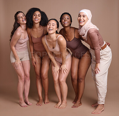 Buy stock photo Diversity, women and beauty in studio for self love, global community and support, wellness and healthy skincare. Portrait, female and happy models, body positive group and inclusion with solidarity