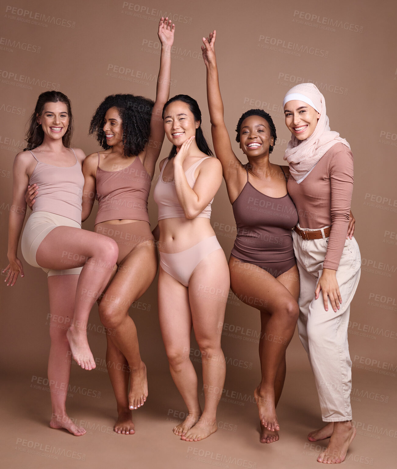 Buy stock photo Beauty, diversity and group of women in studio for wellness, fashion and body positivity on brown background. Self care, support and females celebrate natural skincare, self love and healthy skin