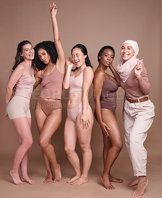 Buy stock photo Beauty, natural and diversity with woman friends together in studio on a brown background to promote real body positivity. Health, wellness and luxury with a female group posing for self love