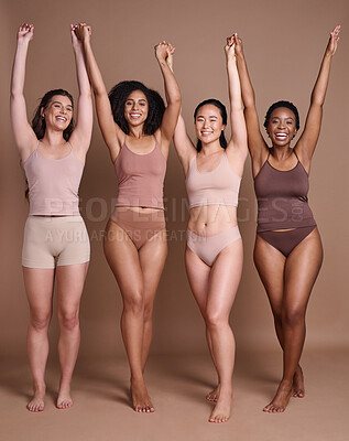 Buy stock photo Diversity, woman and celebrate body positive in underwear for beauty motivation, happiness and confidence in studio. Interracial group of people, support and model smile celebration for solidarity