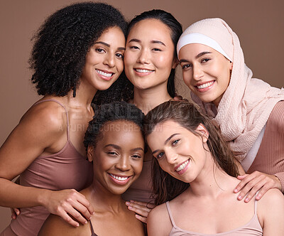 Buy stock photo Diversity, women and group portrait with beauty, skincare and different, empowerment and inclusion. Equality, community and global with happy young model, natural and wellness with studio background.