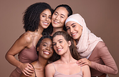 Buy stock photo Women, faces or diversity on studio background in empowerment trust, solidarity support or community self love. Portrait, smile or group beauty models, happy facial expression or religion acceptance