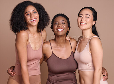 Buy stock photo Portrait, diversity and women for body positivity, cosmetics and natural beauty on brown studio background. Multiracial, females and ladies with makeup, support and solidarity for skincare and smile.
