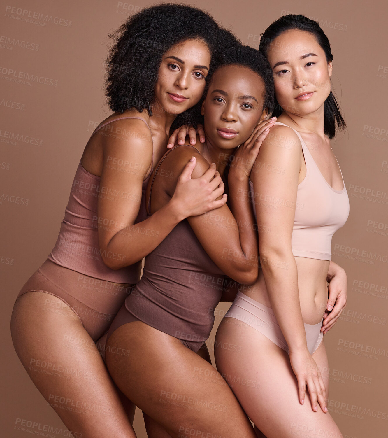 Buy stock photo Beauty, diversity and skincare with portrait of women for self care, body positive and cosmetics. Wellness, products and natural with model for community, facial and luxury in brown background studio