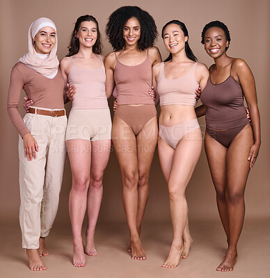 Buy stock photo Women, studio beauty and diversity in global community, support and self love, wellness and healthy skincare. Portrait, female group and models for body positive, solidarity and international culture