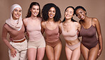Women group, underwear studio and diversity portrait for fashion, design or smile for happiness. Happy teamwork, multicultural model team and body positive aesthetic for support, solidarity or unity