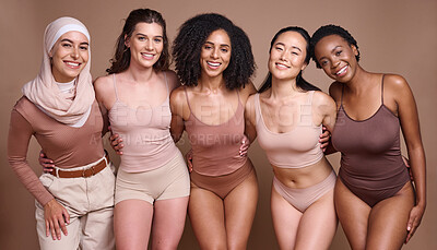 Buy stock photo Women group, underwear studio and diversity portrait for fashion, design or smile for happiness. Happy teamwork, multicultural model team and body positive aesthetic for support, solidarity or unity