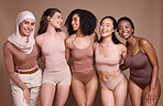 Diversity, women and studio beauty for self love, support of global community and healthy skincare, cosmetics and race group. Happy female models celebrate body positivity, inclusion and solidarity 