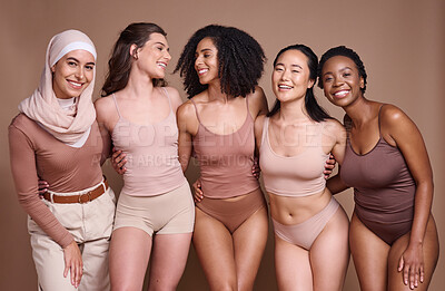 Buy stock photo Diversity, women and studio beauty for self love, support of global community and healthy skincare, cosmetics and race group. Happy female models celebrate body positivity, inclusion and solidarity 