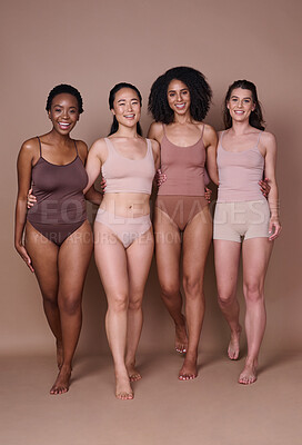 Buy stock photo Body, diversity and beauty with women and inclusion, happy portrait and skin with fitness, body care and health. Wellness, healthy with body positivity and pride in different shape and size.