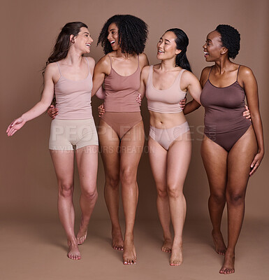 Buy stock photo Women diversity, body positivity and happy hug of a group of model friends smile about skin beauty. Wellness, solidarity and proud woman community celebrate skincare, natural cosmetics and health 