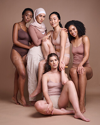 Buy stock photo Women diversity, beauty and body while together for inclusion, skincare and different skin color portrait on studio for cosmetic and dermatology. Aesthetic model group with pride for body and culture