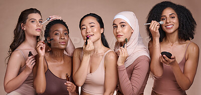 Buy stock photo Beauty, diversity and cosmetics with makeup and women in portrait for cosmetic product advertising, skincare and different. Skin, face and facial treatment with self care and marketing with wellness.
