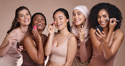 Buy stock photo Women group, makeup studio or diversity portrait for skincare, beauty or smile for happiness. Happy cosmetic teamwork, multicultural model team or face glow aesthetic for support, solidarity or unity