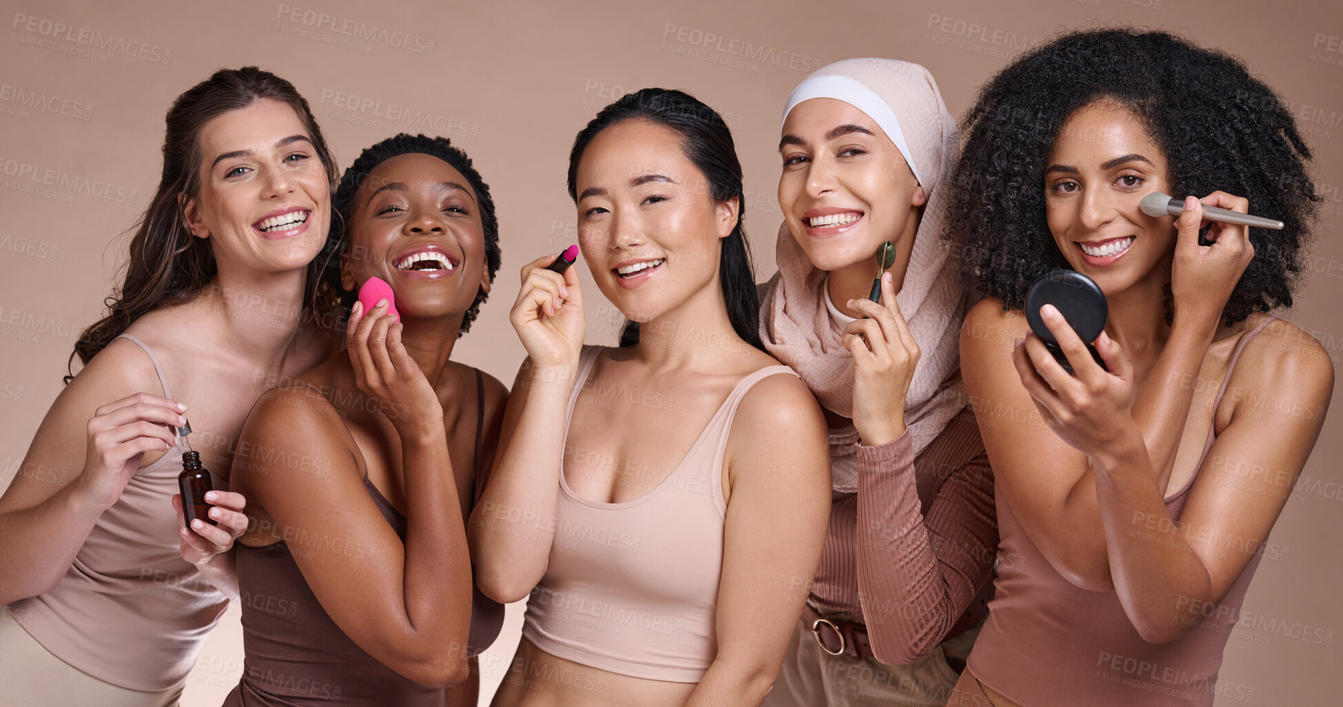 Buy stock photo Women group, makeup studio or diversity portrait for skincare, beauty or smile for happiness. Happy cosmetic teamwork, multicultural model team or face glow aesthetic for support, solidarity or unity