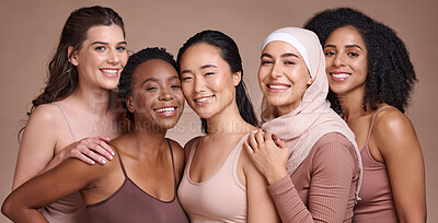 Buy stock photo Diversity, women and beauty with skincare and portrait, smile and happy models, different and empowerment with motivation against studio background. Inclusion, equal and gender with culture and skin.