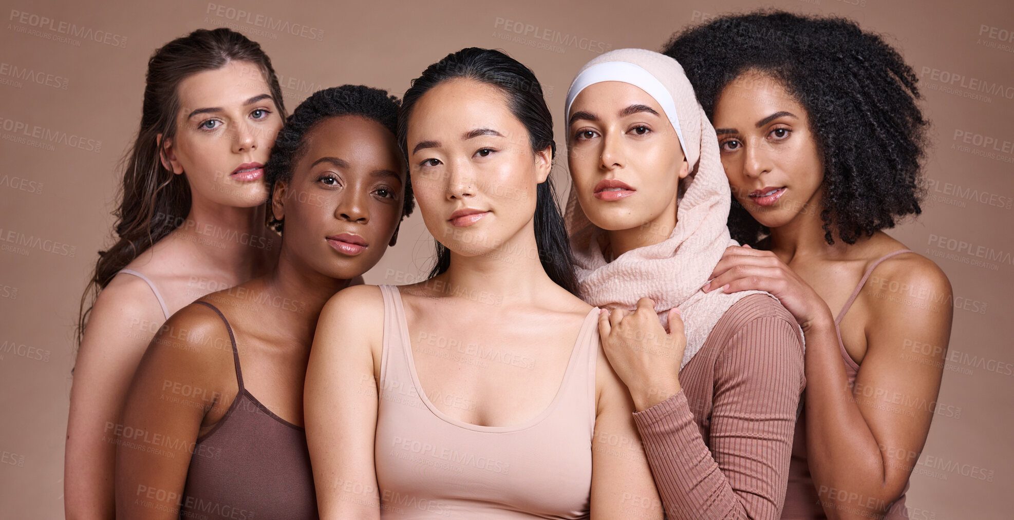 Buy stock photo Portrait, beauty and diversity with a model woman group in studio on a brown background for inclusion. Face, natural and different with a female and friends posing to promote health or equality