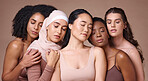 Women, diversity and relax global model group feeling calm about skincare, beauty and skin glow. Cosmetic, facial and dermatology wellness of models resting together showing cosmetics community
