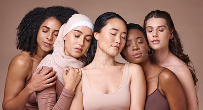Buy stock photo Women, diversity and relax global model group feeling calm about skincare, beauty and skin glow. Cosmetic, facial and dermatology wellness of models resting together showing cosmetics community