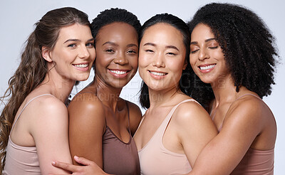Buy stock photo Face portrait, beauty and group of women in studio on gray background. Cosmetics, makeup and diversity of female models with glowing and flawless skin after spa facial treatment posing for skincare.