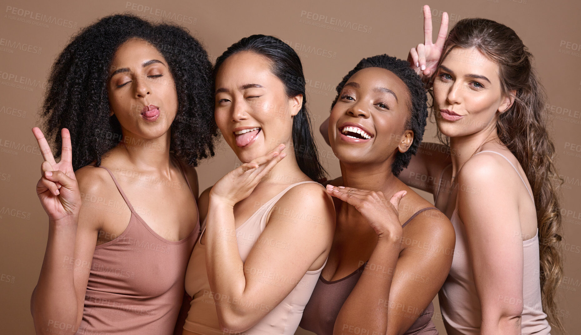 Buy stock photo Diversity, peace sign and smile, portrait of women in underwear with body positivity on studio background. Beauty, friends and empowerment in self love, friendship and care group of diverse ladies.