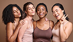 Girl friends, diversity and model group portrait feeling happy about skincare, wellness and skin glow. Women, beauty and fun hand sign showing happiness from cosmetic, dermatology and  female support