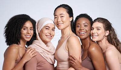 Buy stock photo Diversity, woman and beauty portrait for body positive support, happiness and skincare wellness. Interracial models, happiness solidarity and smile for skin glow, cosmetics dermatology in studio