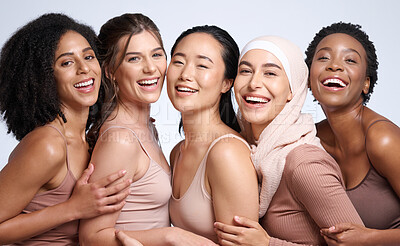 Buy stock photo Portrait, beauty and diversity with woman friends in studio on a gray background together for inclusion. Happy, smile and solidarity with a model female group posing to promote real equality