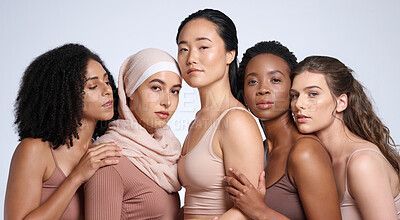 Buy stock photo Beauty, diversity and women in portrait with skin, inclusion and different, global and community with support and equality in race. Skincare, wellness and natural cosmetics against studio background.