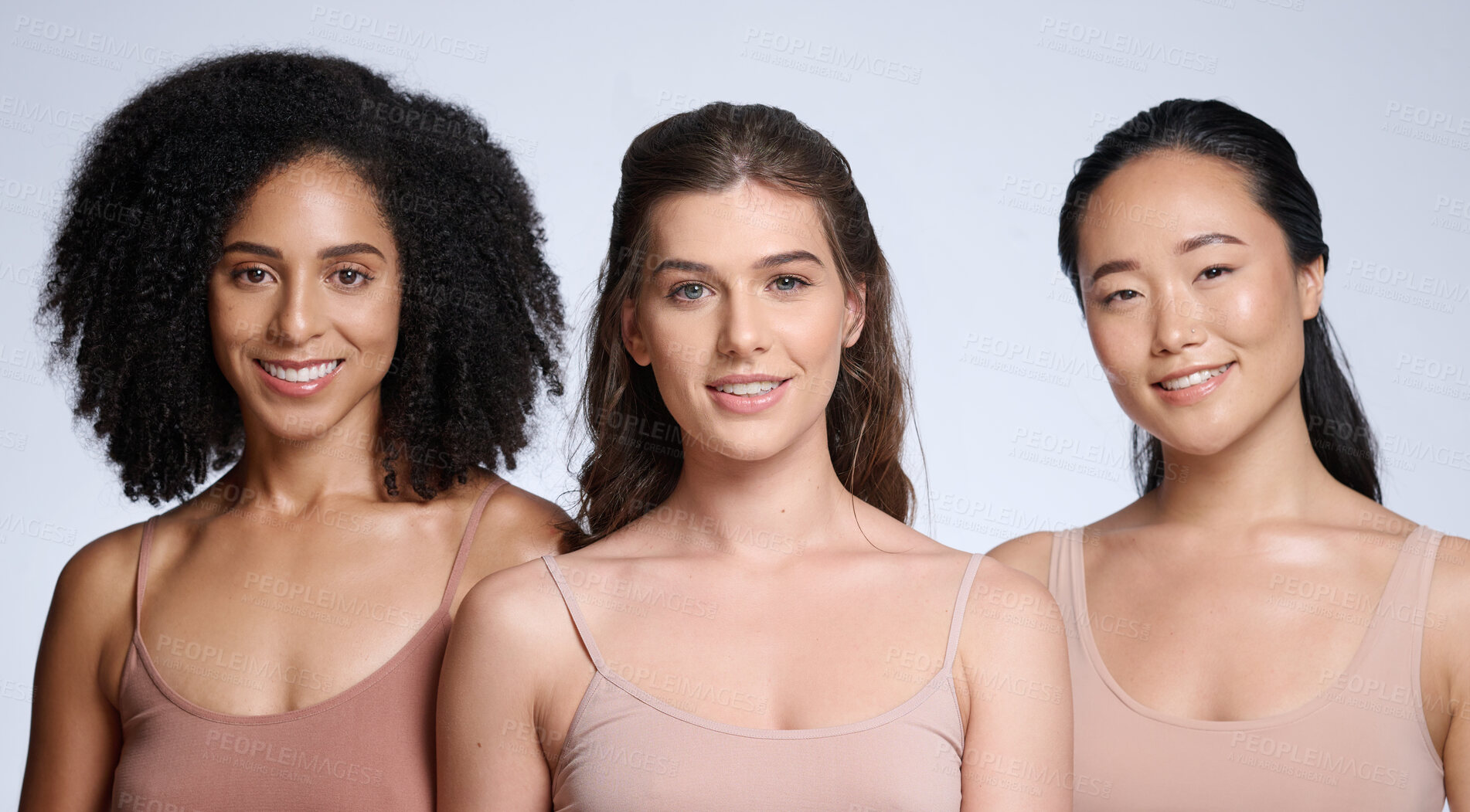 Buy stock photo Skincare, makeup and diversity of women with beauty, marketing cosmetics and dermatology advertising on a studio background. Body spa, luxury and face portrait of model collaboration for skin health