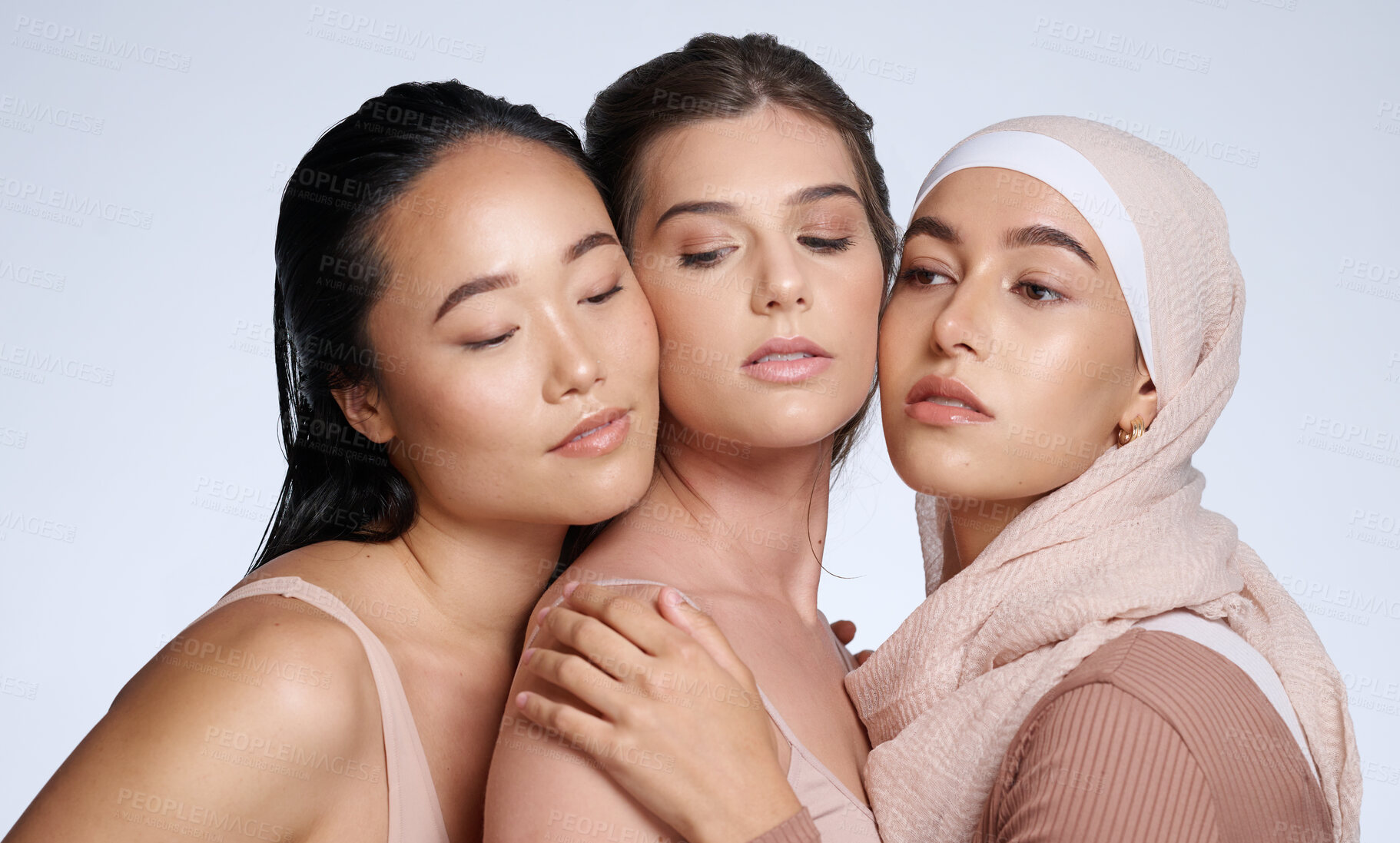 Buy stock photo Beauty, face and women with diversity and skincare, cosmetic marketing with different skin, glow and shine. Makeup, inclusion and natural cosmetics, facial care and wellness with studio background.