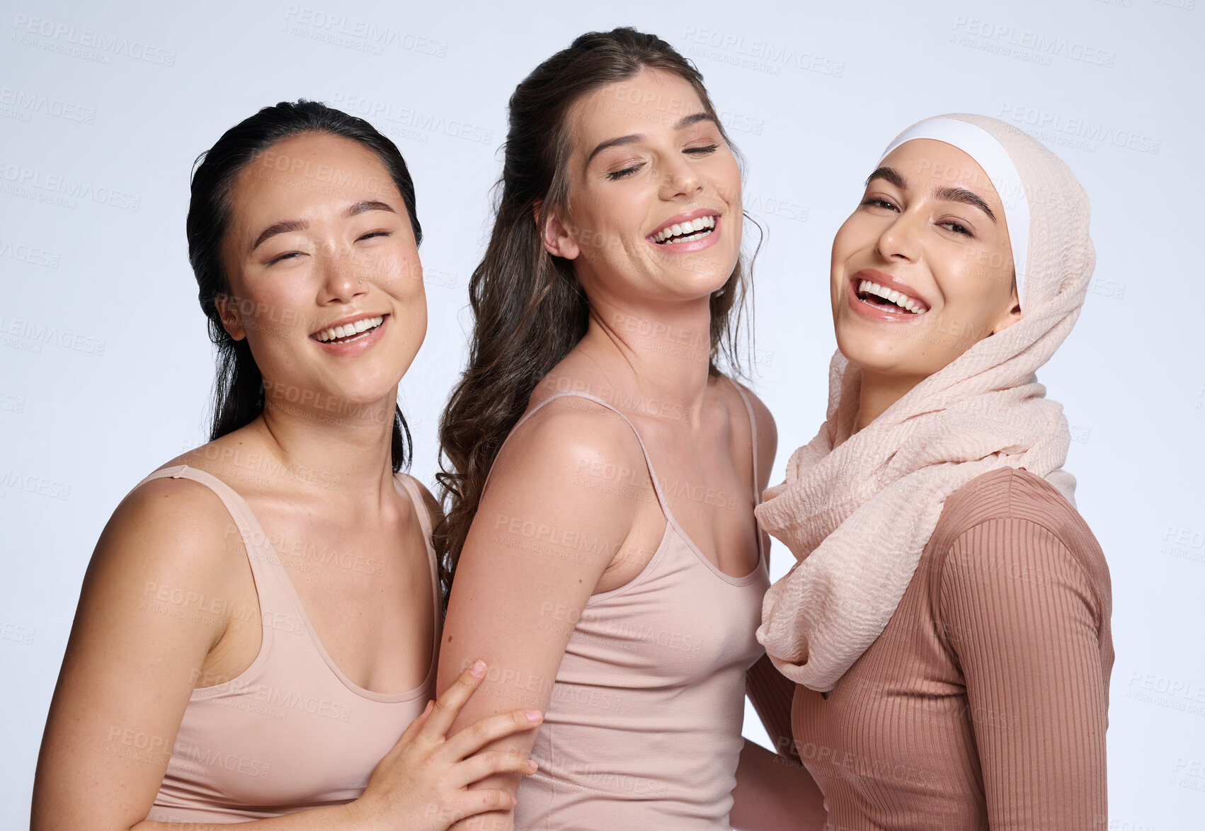 Buy stock photo Face, beauty skincare and group of women in studio isolated on gray background. Diversity, cosmetics and portrait of girls, friends or female models in makeup with healthy skin after facial treatment