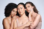 Skincare, makeup diversity and women with support, marketing dermatology and cosmetics on a studio background. Skin beauty, spa and face portrait of model friends advertising cosmetic wellness