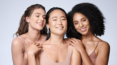 Buy stock photo Women, faces diversity or skincare glow on studio background in healthcare wellness, self love empowerment or community support. Portrait, smile or happy beauty models or friends and makeup cosmetics