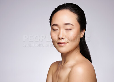 Buy stock photo Asian woman, eyes closed and beauty on studio background for natural skincare, makeup or cosmetics. Korean model, face headshot and wellness, glow or luxury salon facial, aesthetic health and mockup 