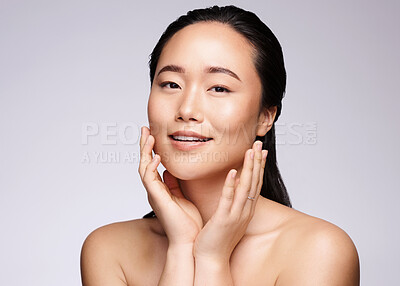 Buy stock photo Face portrait, skincare and beauty of Asian woman in studio isolated on a gray background. Makeup, natural cosmetics and female model with healthy, glowing or flawless skin after spa facial treatment