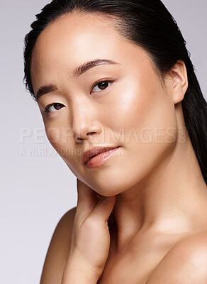 Buy stock photo Asian woman, face or skincare glow on studio background in dermatology self care, healthcare wellness or collagen treatment progress. Zoom, portrait or Japanese beauty model and natural facial makeup