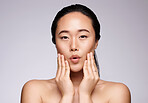 Beauty, self care and portrait of Asian model with skincare glow, luxury cosmetics routine and natural makeup. Dermatology, spa salon and clean face of aesthetic Japanese woman with facial wellness 