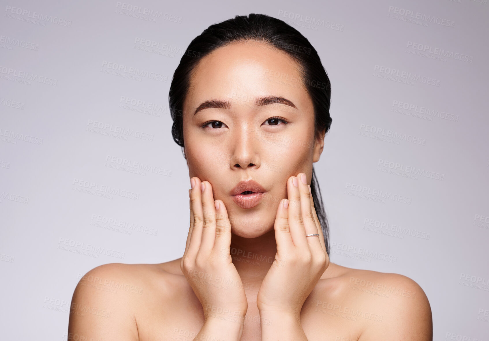 Buy stock photo Beauty, self care and portrait of Asian model with skincare glow, luxury cosmetics routine and natural makeup. Dermatology, spa salon and clean face of aesthetic Japanese woman with facial wellness 