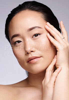 Buy stock photo Skincare, beauty and woman with a dermatology glow, cosmetic health and marketing luxury spa on a studio background. Skin clean, cosmetology and face portrait of an Asian model with self love
