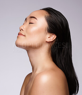Buy stock photo Asian woman, face or skincare glow on studio background in Japanese dermatology, self love or holistic collagen treatment. Natural, makeup cosmetics or relax beauty model with health facial wellness