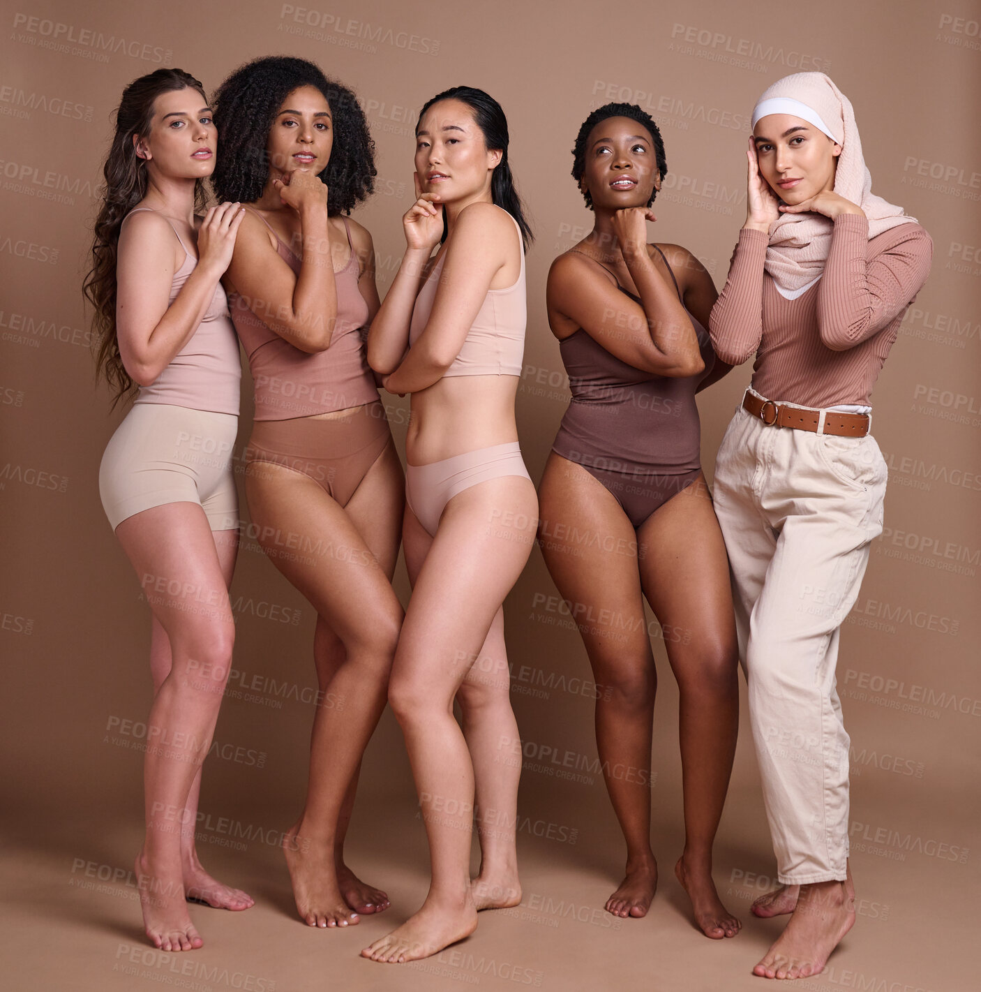 Buy stock photo Fashion, diversity and women with makeup beauty, global cosmetics and marketing skincare on brown studio background. Spa, wellness and portrait of group of model friends with skin health and glow