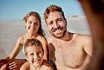 Family, selfie and beach with smile, kid and summer sunshine on vacation, bonding and happy together. Mom, dad and child in digital picture by seaside, ocean and sand on holiday for sun in Cancun